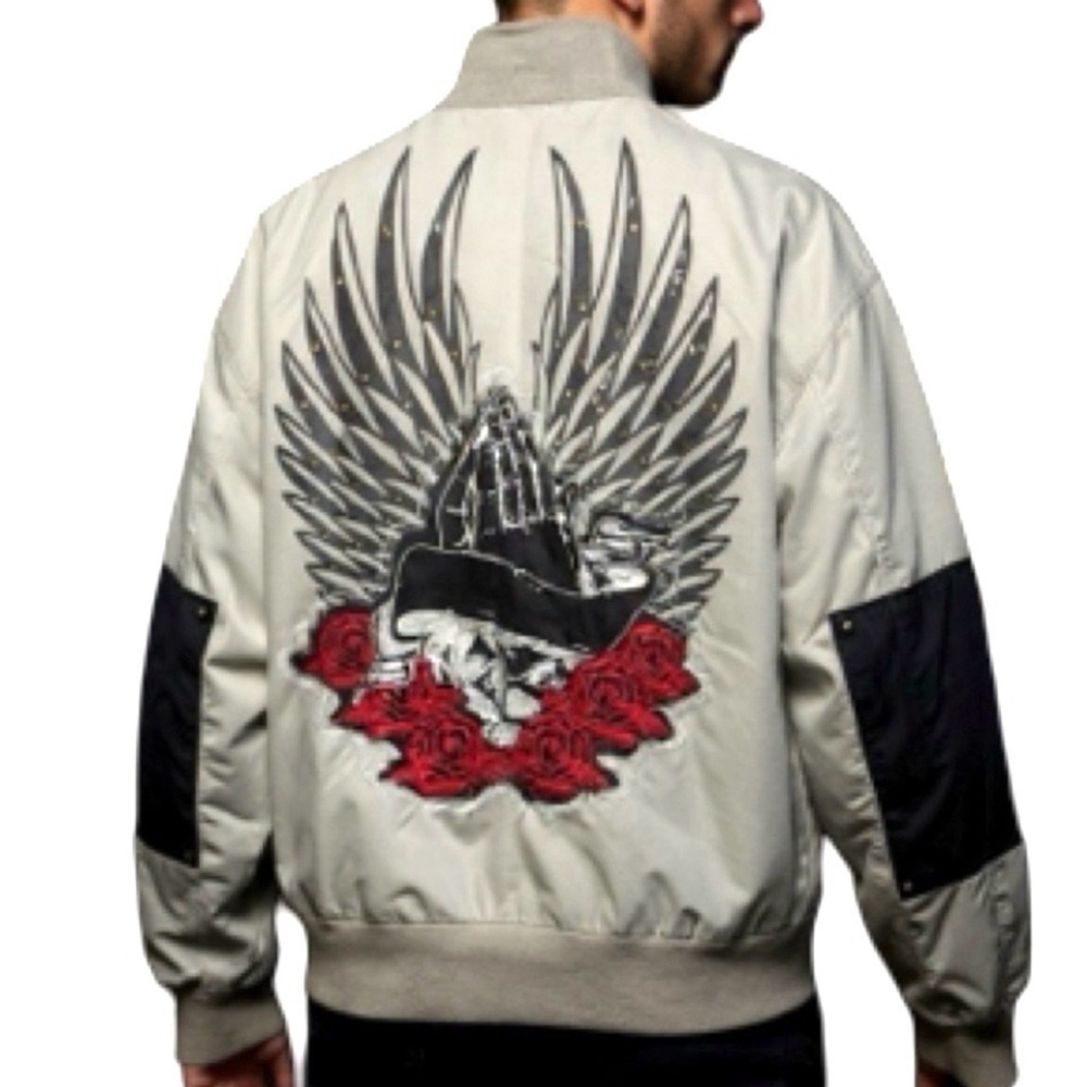 Vintage Blac Label Gray Embroidered Military Inspired Bomber Jacket